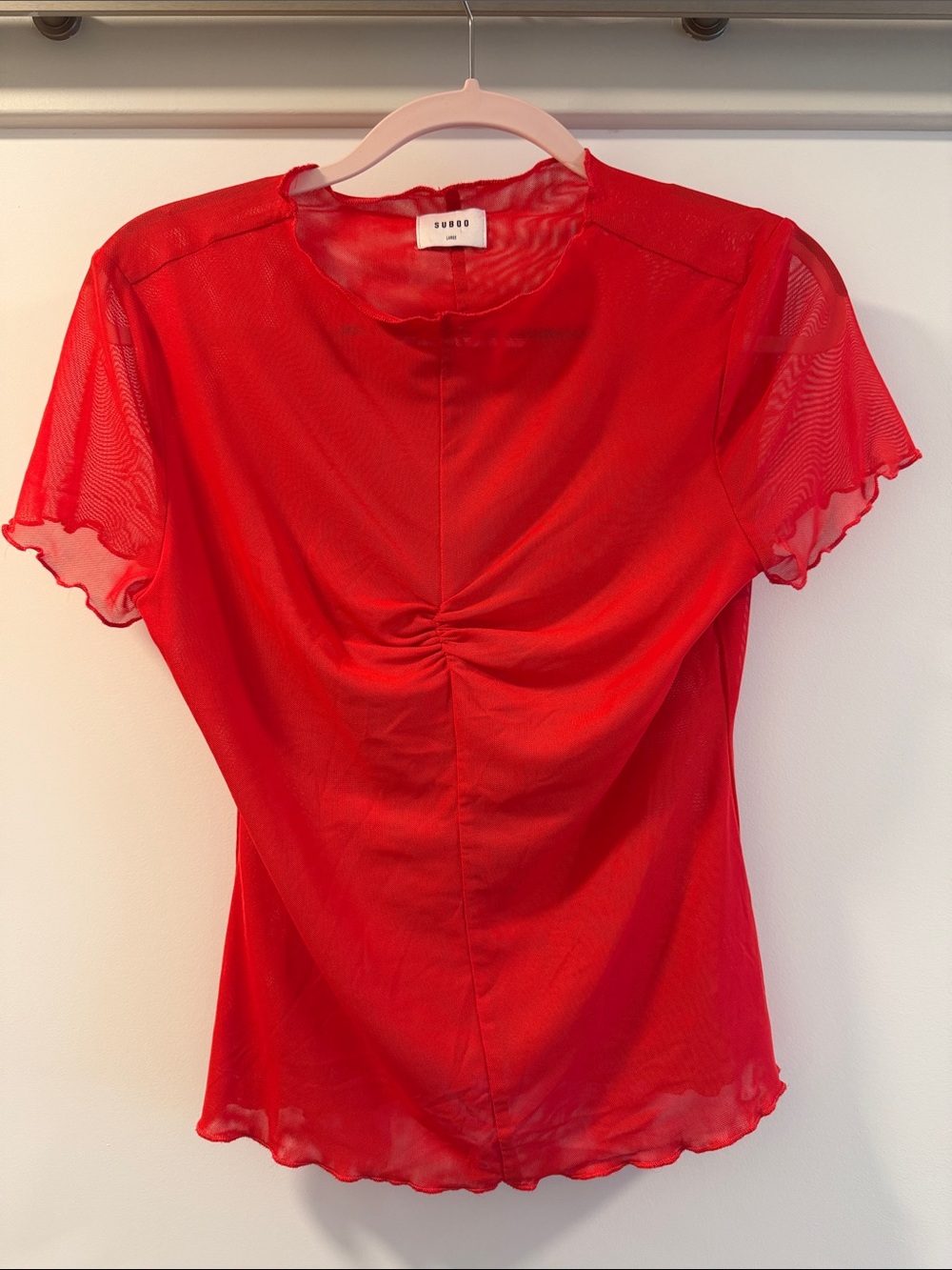 Suboo Red Sheer Ruched Front Short Sleeve Blouse